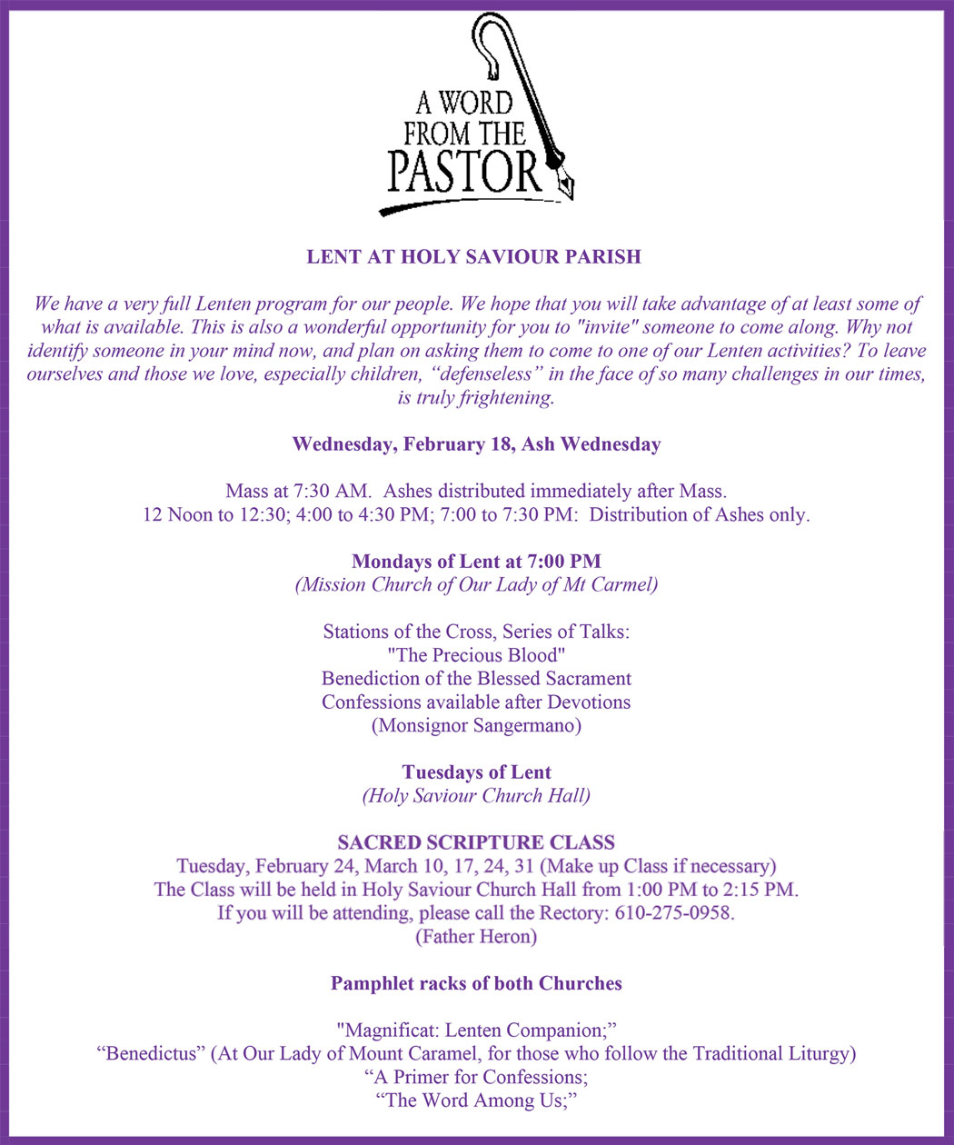 Lent at Holy Saviour Parish 2026