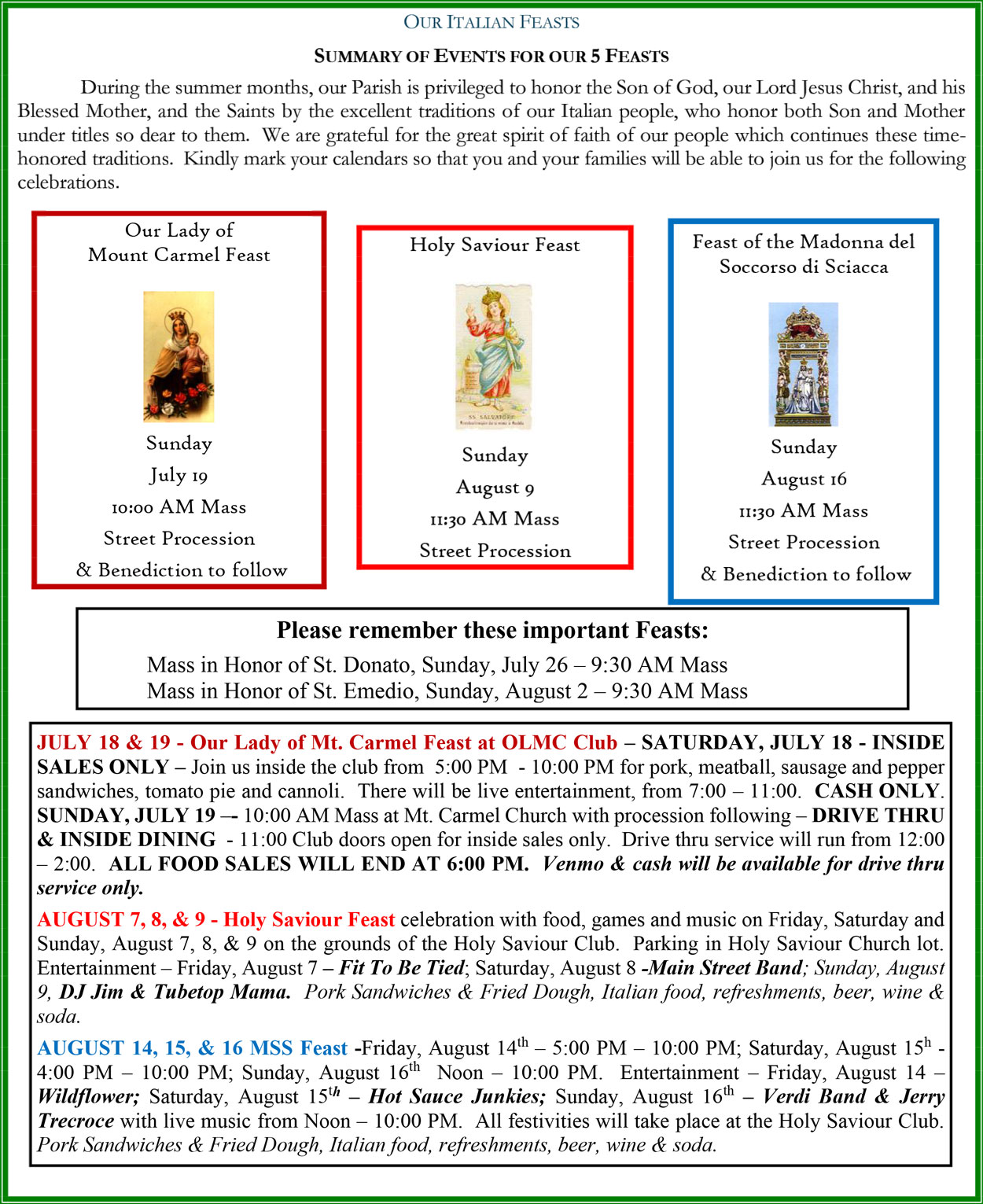 Our Italian Feasts at Holy Saviour Parish 2026